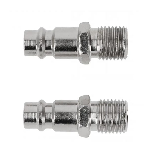 Two silver-coloured air-line plug adaptors with male threads and hexagonal sections
