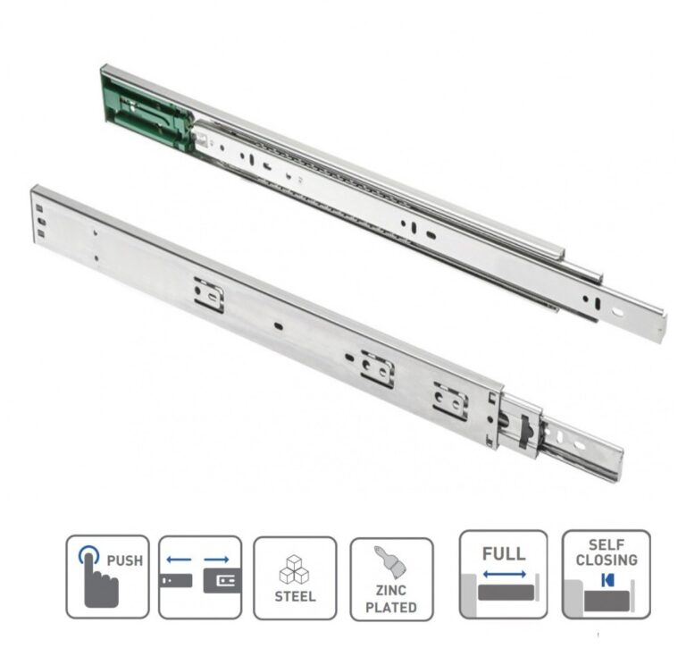 Steel ball-bearing drawer runner pair with sliding telescopic rails