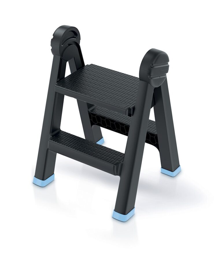 Black folding two-step plastic stool with textured treads and light blue foot caps