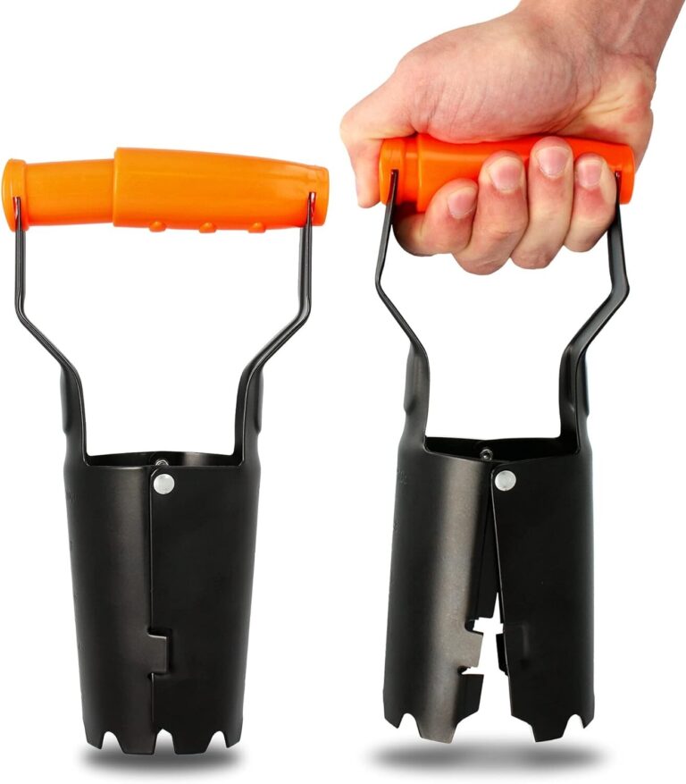 Steel bulb planter with an orange handle, shown beside a hand gripping the handle