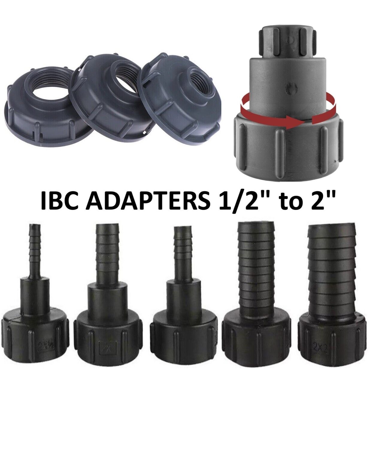Black IBC adapter caps, an extended threaded adapter and hose-tail fittings shown as options