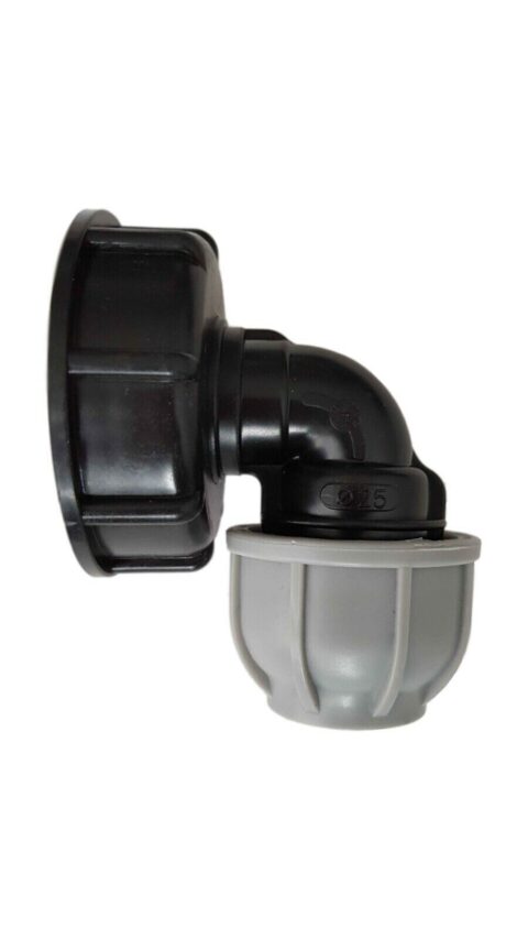 Black IBC cap and right-angle elbow with a grey compression fitting for MDPE pipe