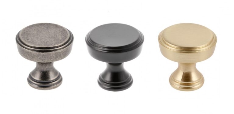 GTV Sonet round cabinet knobs in antique silver, matt black and brushed gold finishes
