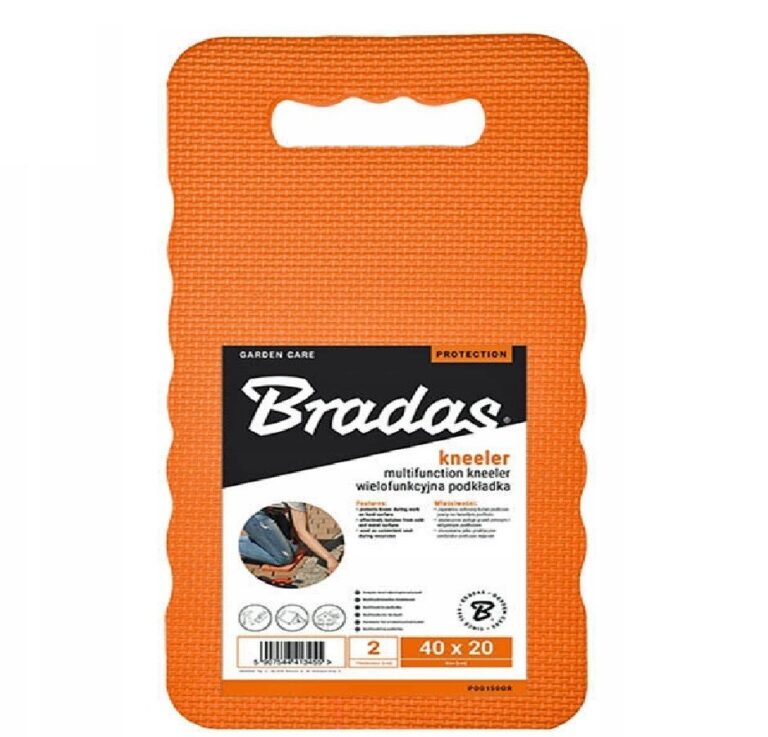Orange textured foam kneeling pad with a cut-out carry handle and Bradas label