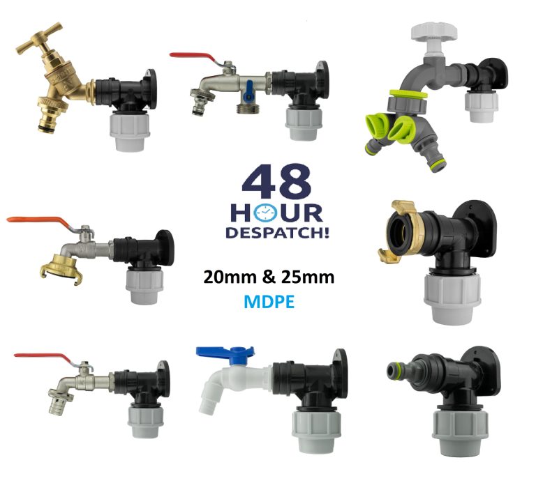 Selection of MDPE wall flanges with different garden taps and hose connectors