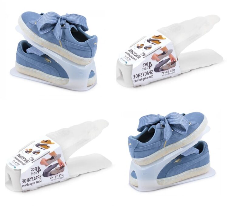 Translucent double-layer shoe organiser shown holding blue shoes, alongside a packaged set