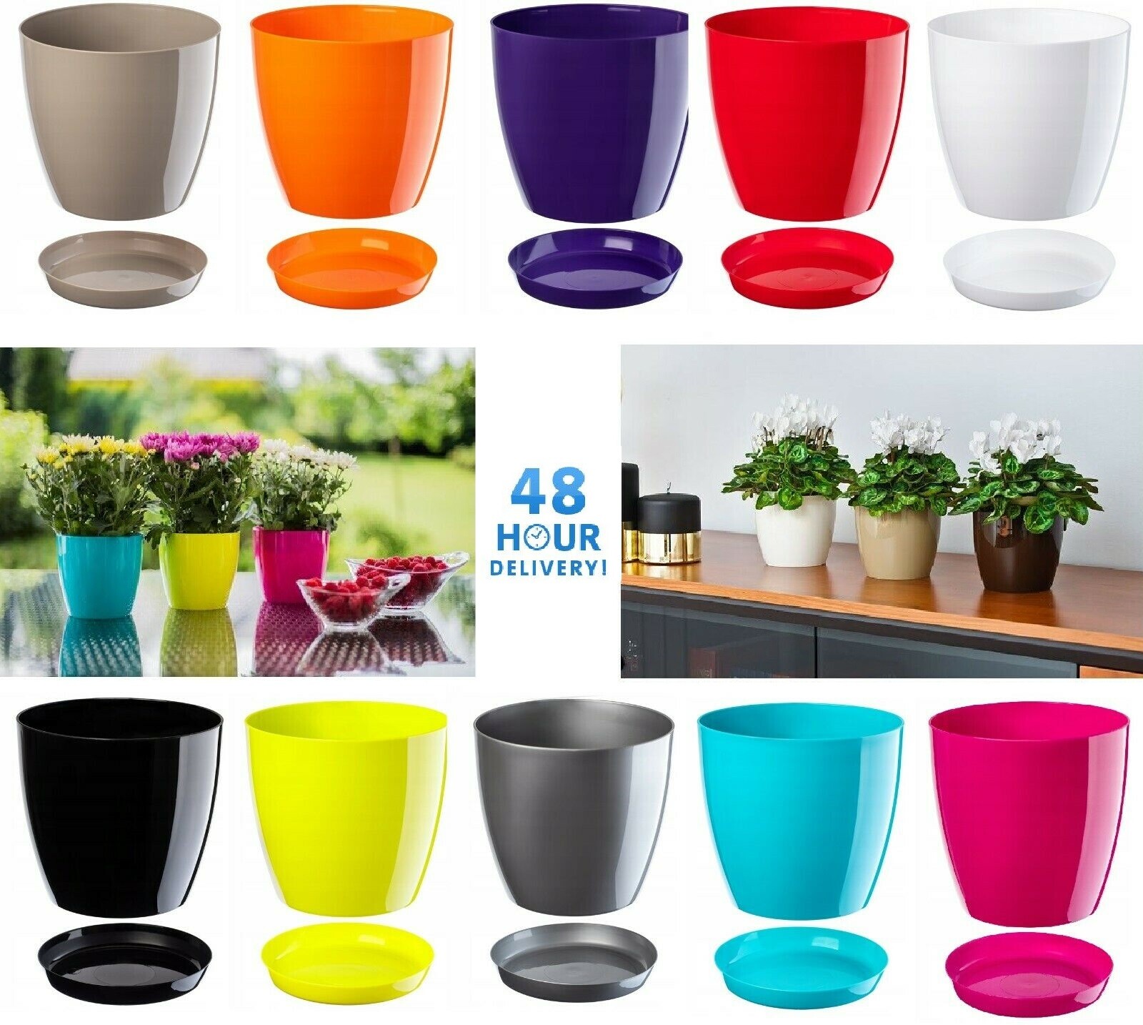 Gloss Round Plant Pot with Saucer 9.5-28cm