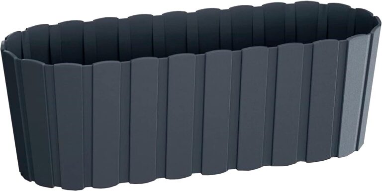 Dark grey rectangular plastic window box planter with a slatted-effect surface