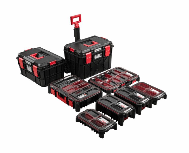 Black and red wheeled tool storage set shown with separate tool boxes and clear-lid organisers