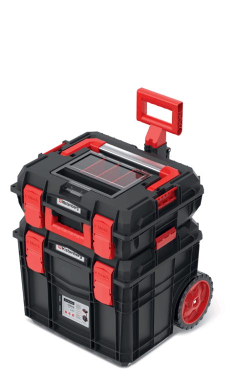 Stacked black and red modular tool boxes with a clear organiser lid and raised pull handle