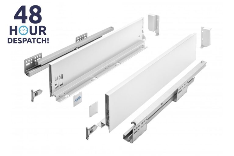 White AXIS PRO drawer sides, runners and connecting brackets laid out as a kit