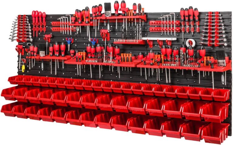 Black wall tool pegboard with red storage bins and holders, shown with hand tools