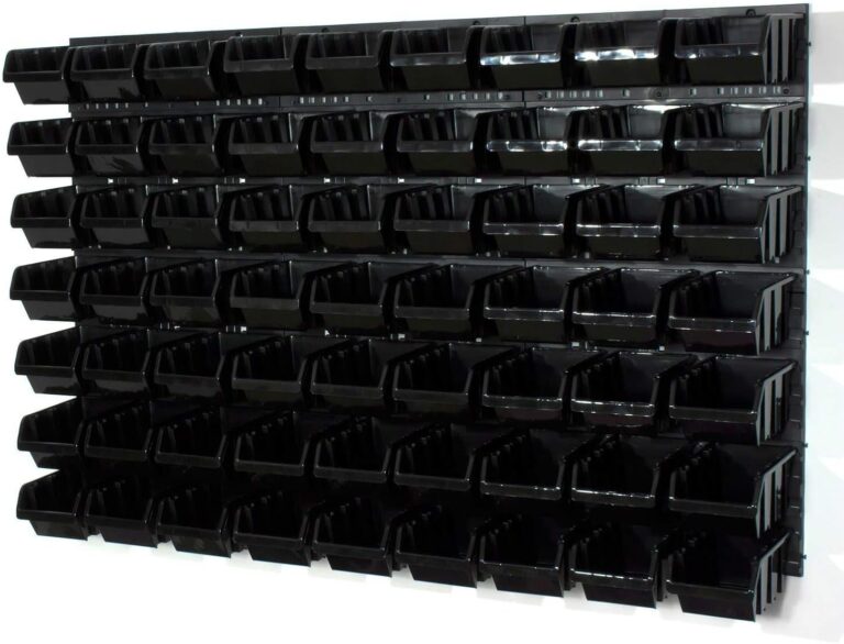 Black wall storage panels filled with rows of black open-front bins