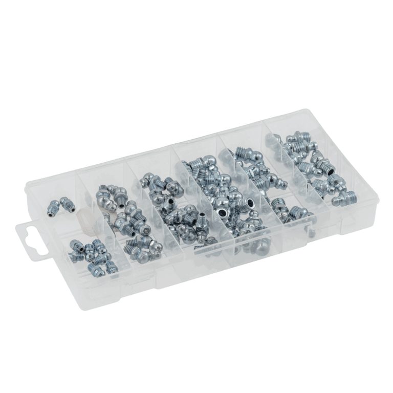 Silver-coloured straight and angled grease fittings sorted into a clear compartment box