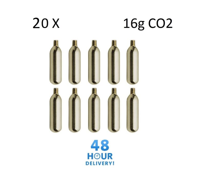Twenty threaded CO2 cartridges shown with a 20 x 16g CO2 label