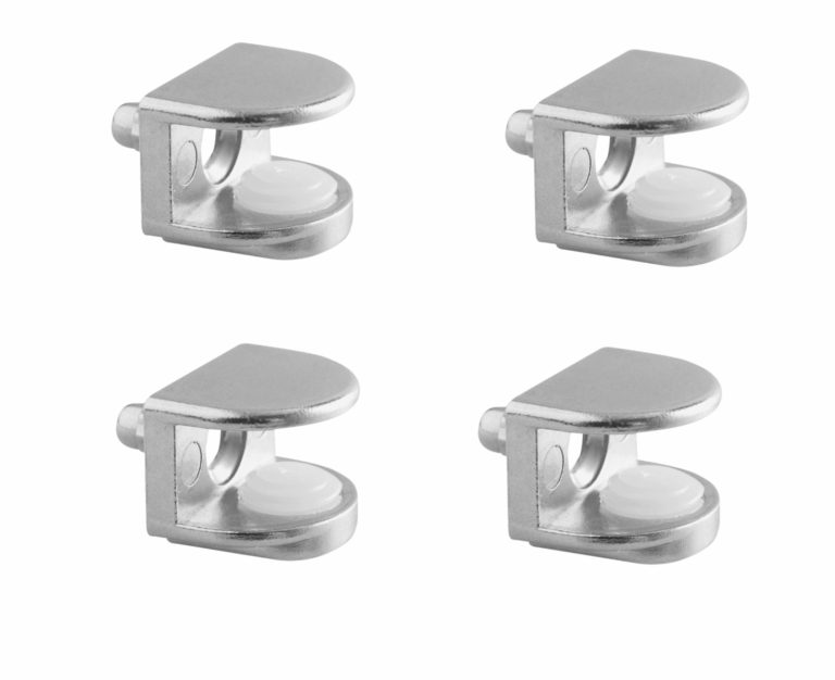 Four chrome-finish glass shelf supports with locating pins and white pads