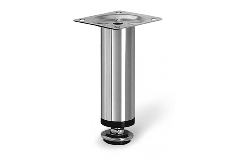 Chrome-finish cylindrical cabinet leg with a square mounting plate and adjustable foot