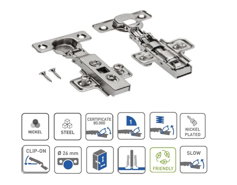 Two views of a nickel-finish 26mm half-overlay soft-close hinge with mounting plate and screws