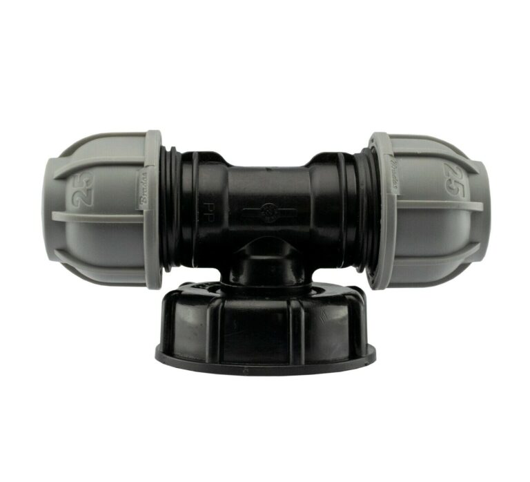 Black IBC tee adapter with grey compression nuts marked 25 and a large black tank connector
