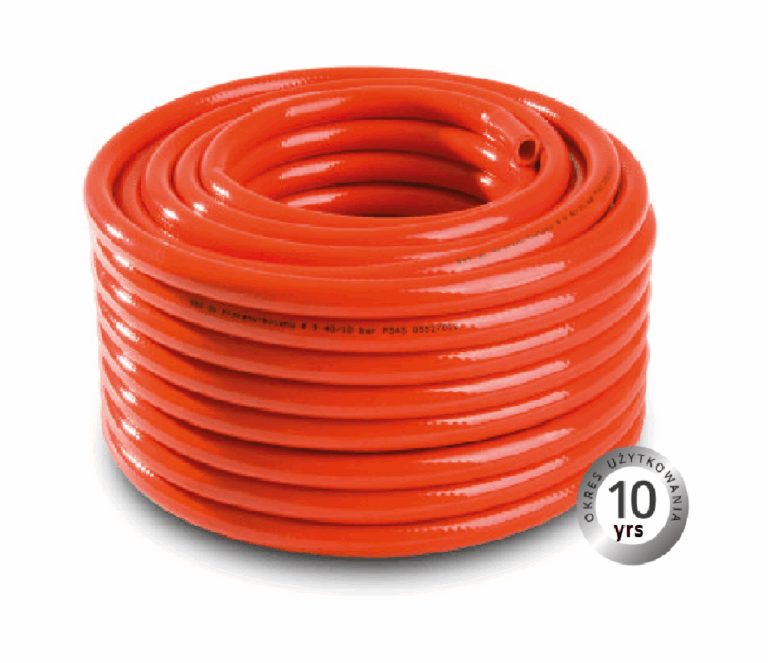Coil of orange reinforced LPG hose, showing the cut end