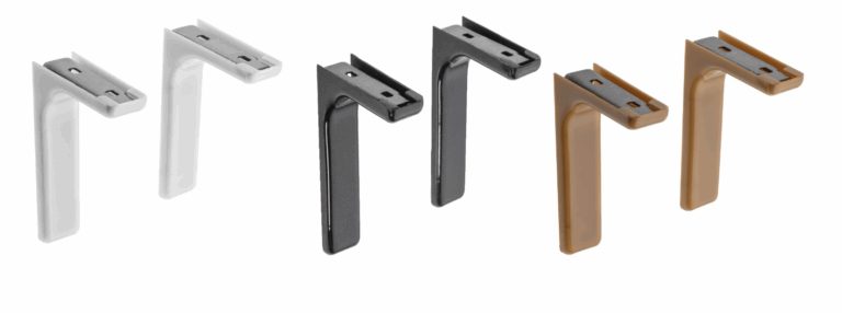 Pairs of shelf brackets with clip-on covers shown in white, black and light brown