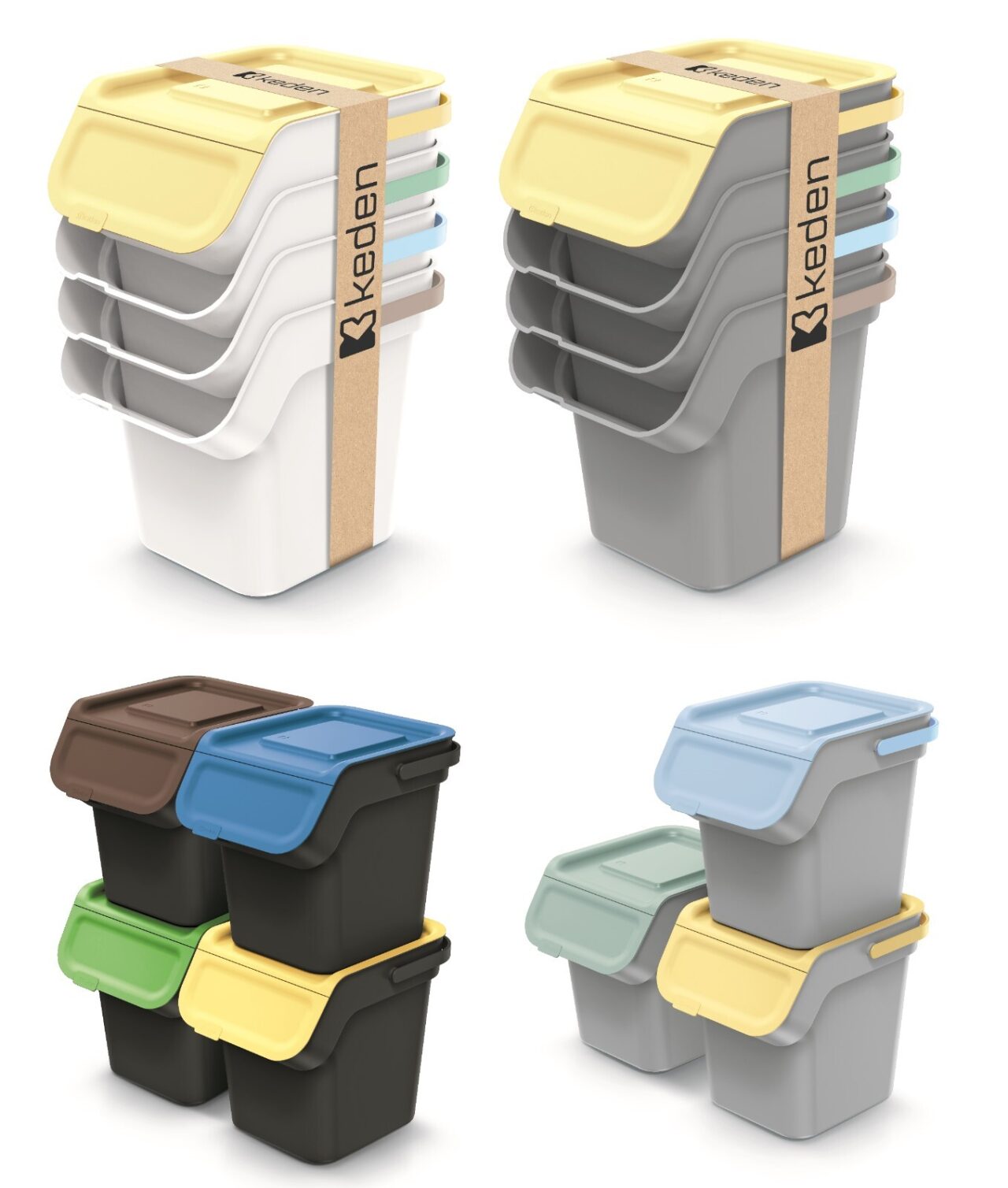 Stacks of white and grey recycling bins with handles and coloured front-opening lids