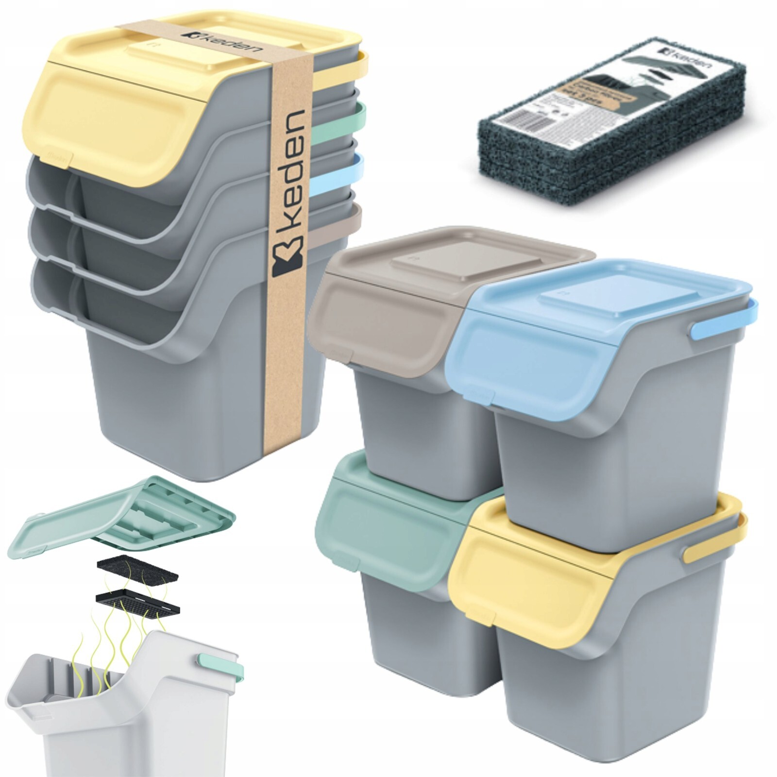 Stackable Recycling Bin Set with Carbon Filter Lid - Image 2