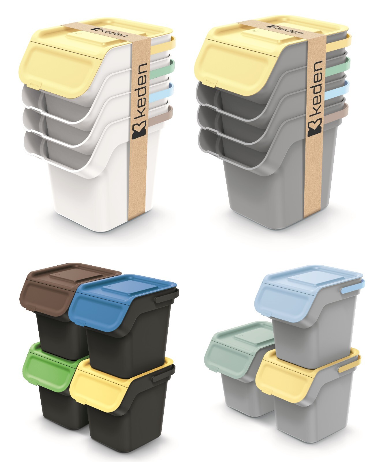 Stacks of white and grey recycling bins with handles and coloured front-opening lids