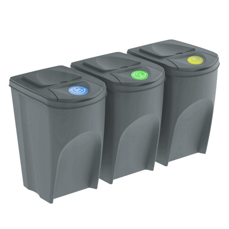 Three grey recycling bins with lids and coloured sorting labels shown side by side