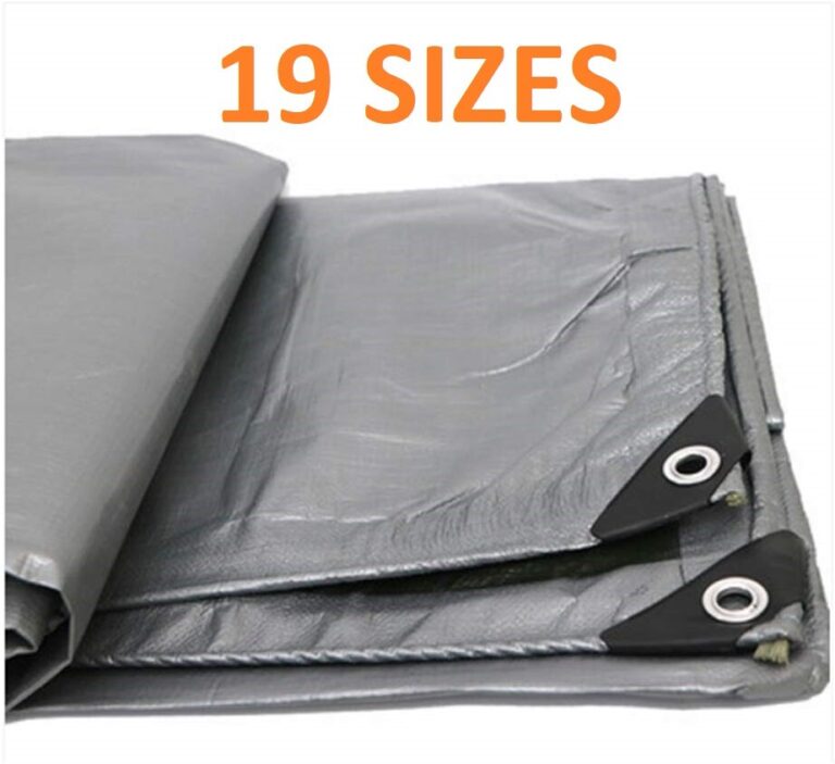 Folded silver tarpaulin with black reinforced corners and aluminium eyelets