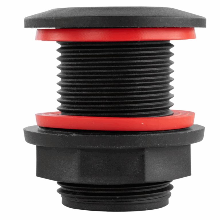 Black threaded tank connector with a locking nut and two red washers