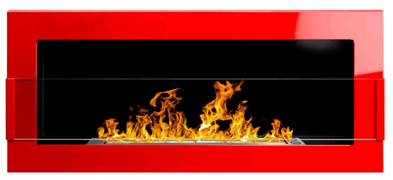 Red rectangular wall-mounted bioethanol fireplace with a front glass panel and visible flames