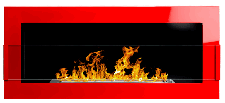 Red rectangular wall-mounted bioethanol fireplace with a front glass panel and visible flames