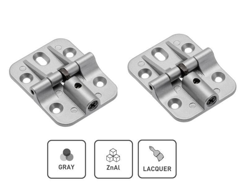 Pair of grey butterfly hinges with slotted fixing holes and adjustment screws