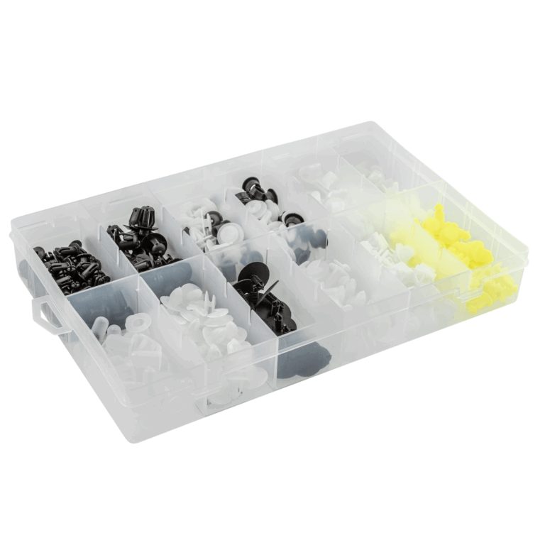 Black, white and yellow plastic trim fasteners organised in separate sections of a clear box