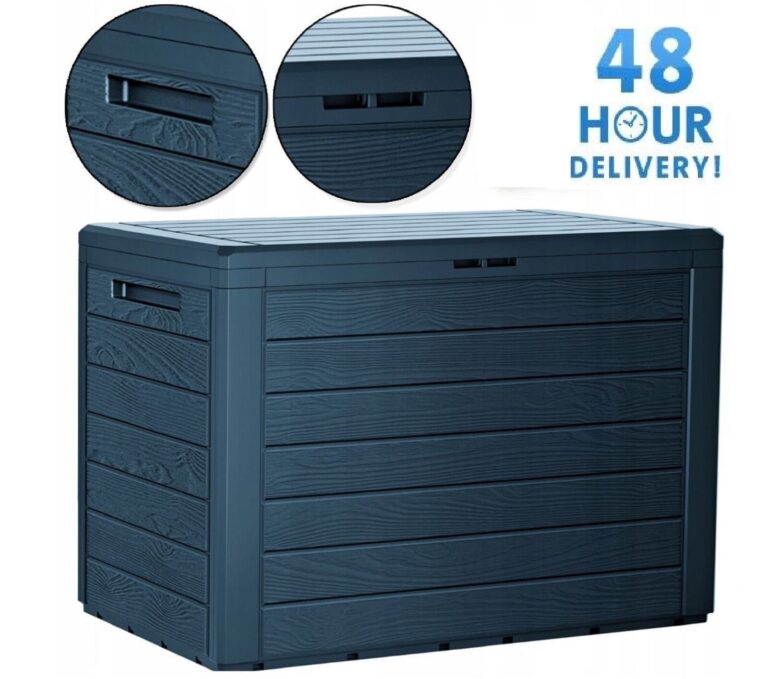 Grey wood-effect garden storage box with a closed lid and close-ups of the handle and front latch