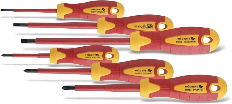 Six Högert insulated screwdrivers with red shafts and red-and-yellow handles, showing slotted and Phillips tips