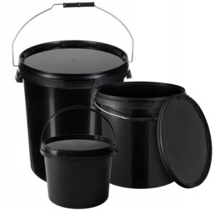 Plastic Buckets with Lids and Handles, Black