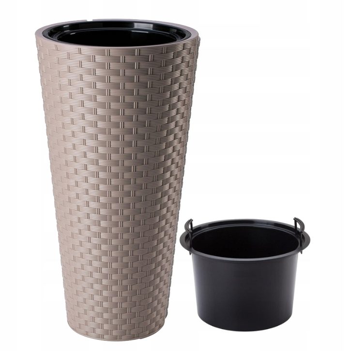 Tall taupe rattan-effect planter with a black insert, shown beside the removable inner pot