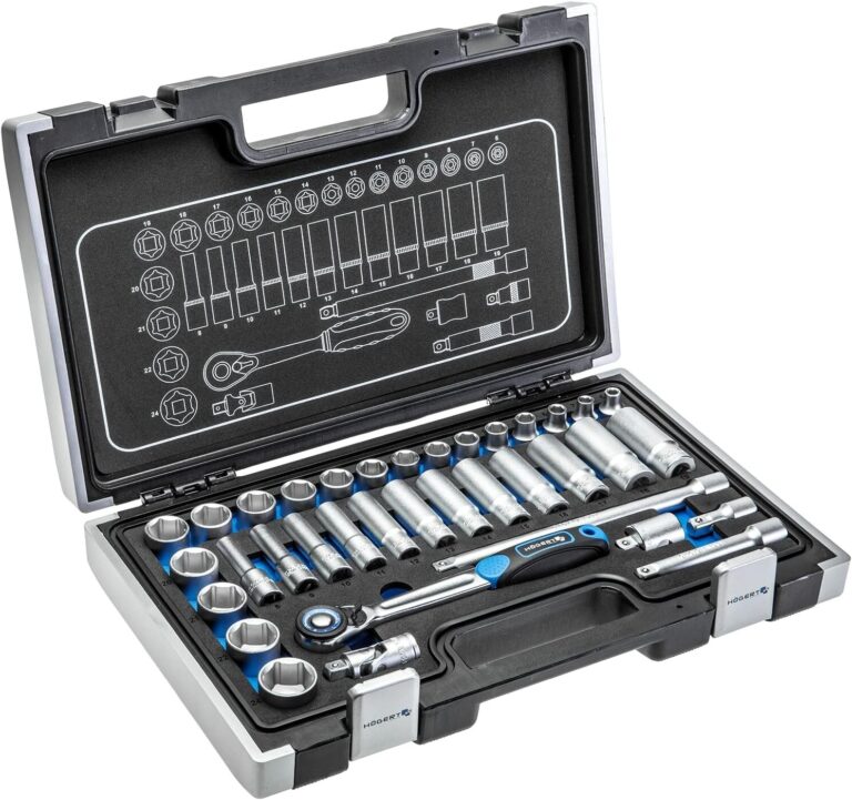 Open socket set case holding standard and deep sockets, a ratchet and extension bars in fitted compartments