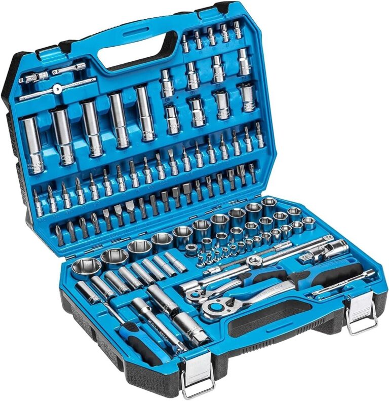 Open blue carry case with sockets, bits, two ratchets, extension bars and a screwdriver handle