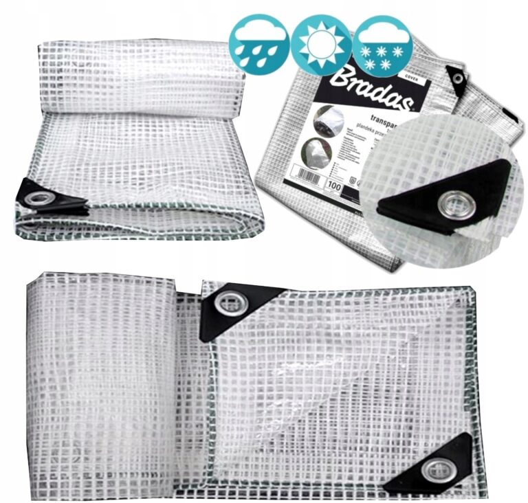 Clear tarpaulin with a square reinforcement grid, black corners and metal eyelets