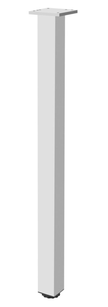 Square silver-coloured table leg with a flat mounting plate and fixing holes