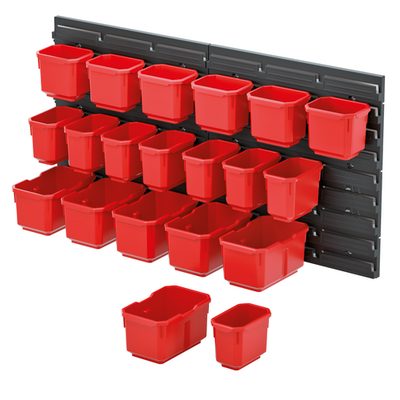 Black wall pegboard with red storage bins in two sizes, with two bins shown separately