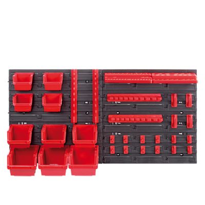 Two black tool pegboard panels with red storage bins, shelves and holders