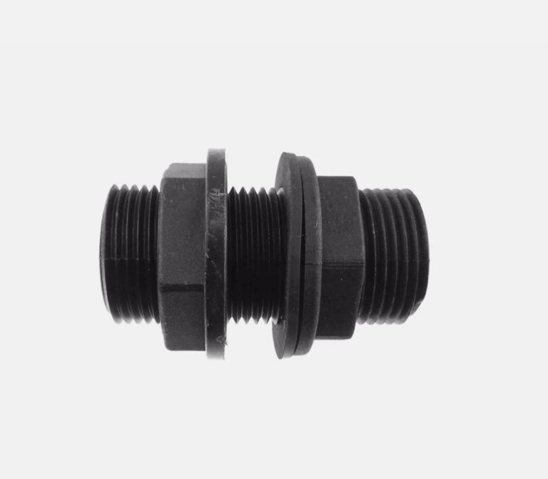 Black threaded tank connector showing the nut and flat washers