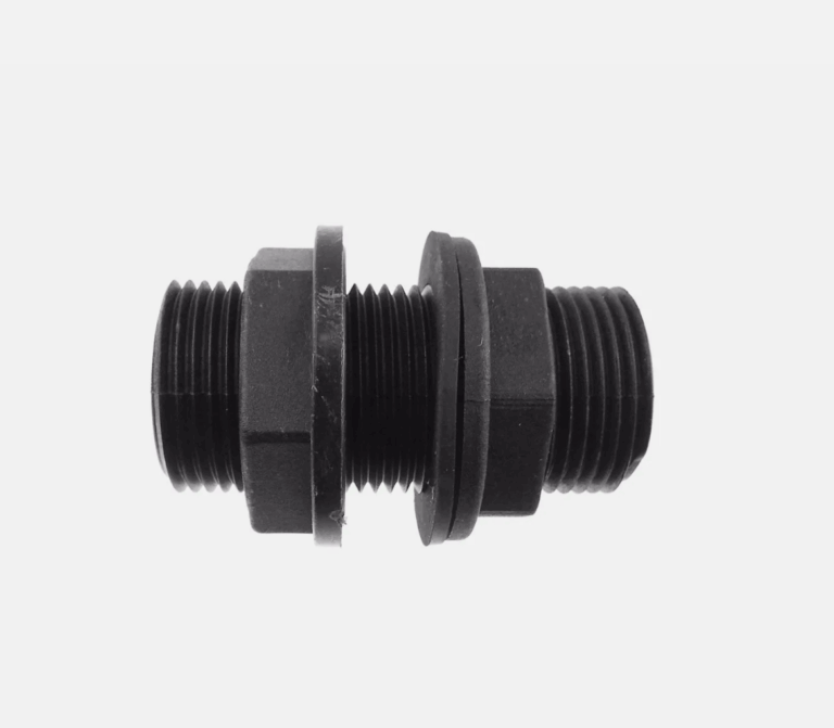 Black threaded tank connector showing the nut and flat washers