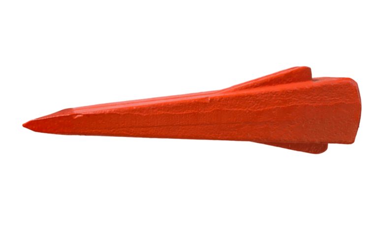 Red twist log splitting wedge with a pointed tip and spiral raised edges