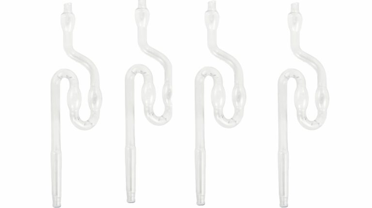 Four clear S-shaped two-chamber bubbler airlocks shown side by side