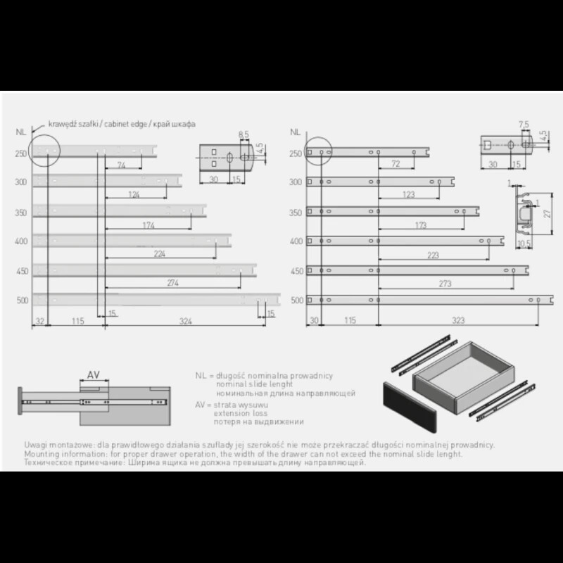 Ball Bearing Drawer Runners 27mm Partial Extension 15kg Pair - Image 6